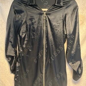 Guess Black Logo-Print Sleek Dress with Gold Zip
